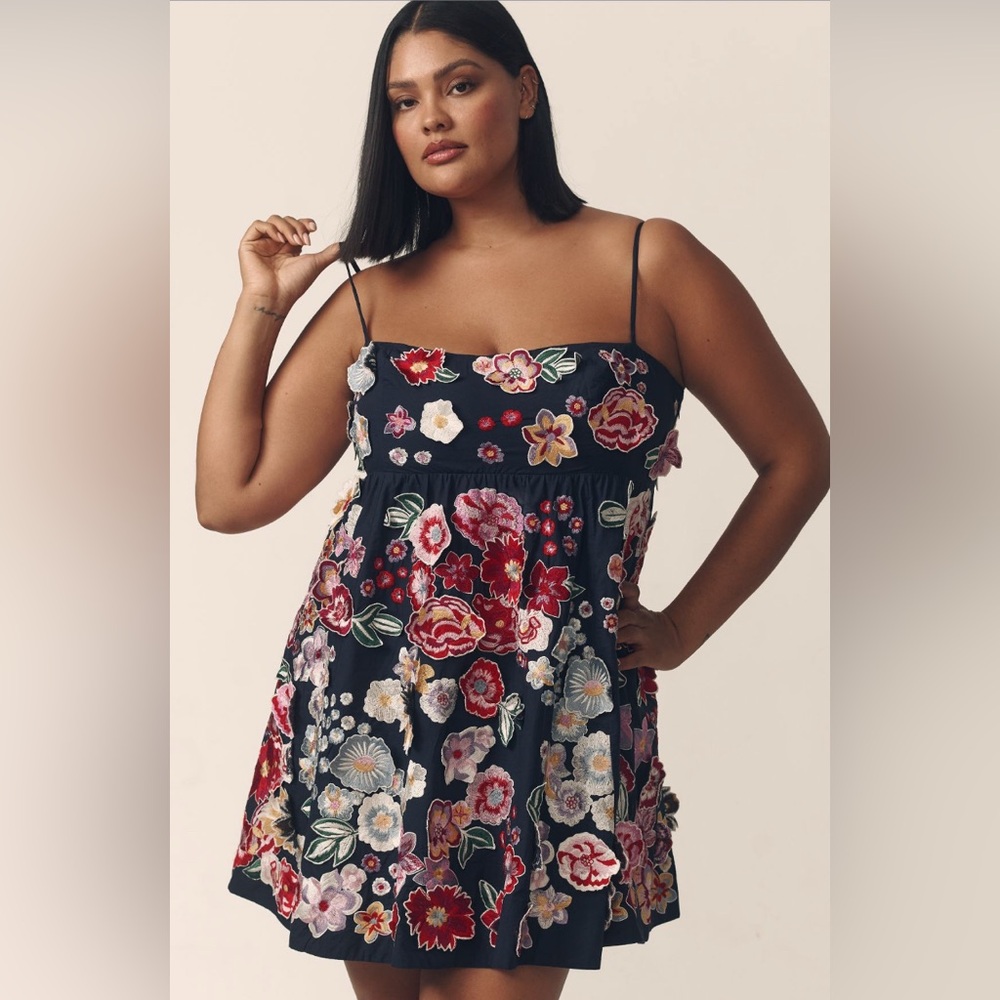 ✨Anthropologie Sleeveless 3D Floral Babydoll Mini Dress Sz XL - Picture 6 of 11